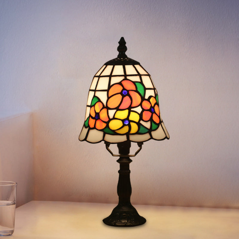 1 Bulb Night Lighting Baroque Bell Shade Stained Art Glass Table Light in Pink/Orange with Bloom Pattern for Bedside Clearhalo 'Lamps' 'Table Lamps' Lighting' 894440