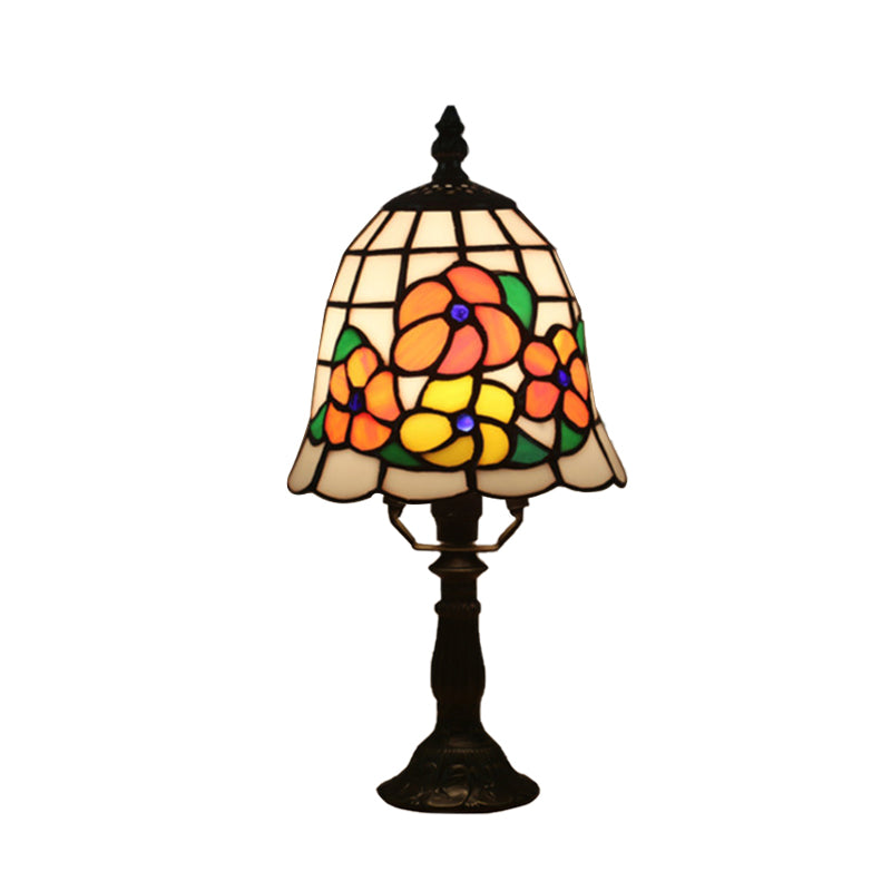 1 Bulb Night Lighting Baroque Bell Shade Stained Art Glass Table Light in Pink/Orange with Bloom Pattern for Bedside Clearhalo 'Lamps' 'Table Lamps' Lighting' 894442