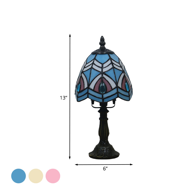 Beige/Pink Bowl Night Lamp Mediterranean 1 Bulb Hand Cut Glass Floral/Peacock Tail Patterned Table Lighting for Bedside Clearhalo 'Lamps' 'Table Lamps' Lighting' 894446