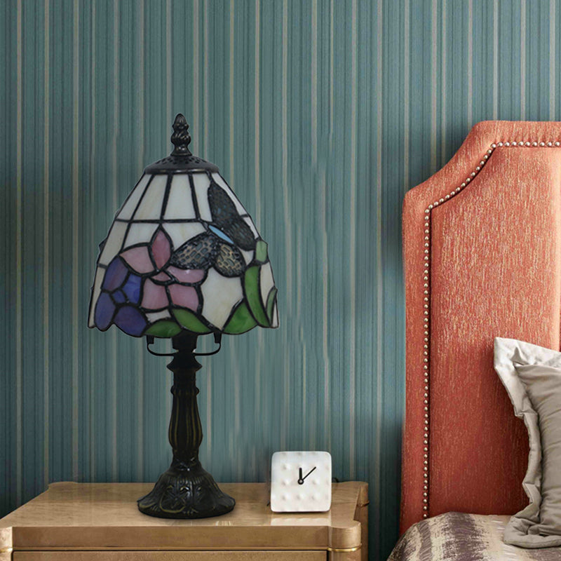 Beige/Pink Bowl Night Lamp Mediterranean 1 Bulb Hand Cut Glass Floral/Peacock Tail Patterned Table Lighting for Bedside Clearhalo 'Lamps' 'Table Lamps' Lighting' 894449