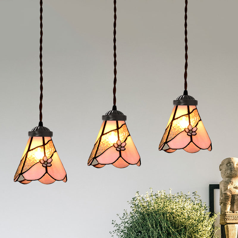 Bowl/Morning Glory Multi-Light Pendant 3 Bulbs Pink Stained Glass Baroque Style Hanging Lamp Kit for Dining Room Pink Flower Clearhalo 'Ceiling Lights' 'Glass shade' 'Glass' 'Industrial' 'Middle Century Pendants' 'Pendant Lights' 'Pendants' 'Tiffany close to ceiling' 'Tiffany Pendants' 'Tiffany' Lighting' 894459