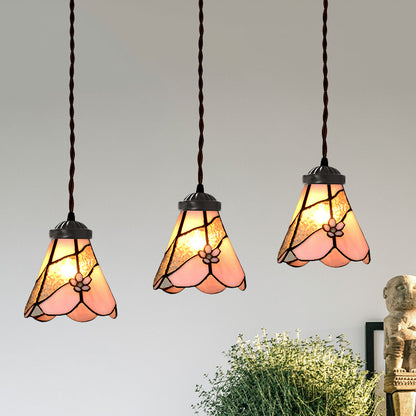 Bowl/Morning Glory Multi-Light Pendant 3 Bulbs Pink Stained Glass Baroque Style Hanging Lamp Kit for Dining Room Pink Flower Clearhalo 'Ceiling Lights' 'Glass shade' 'Glass' 'Industrial' 'Middle Century Pendants' 'Pendant Lights' 'Pendants' 'Tiffany close to ceiling' 'Tiffany Pendants' 'Tiffany' Lighting' 894459