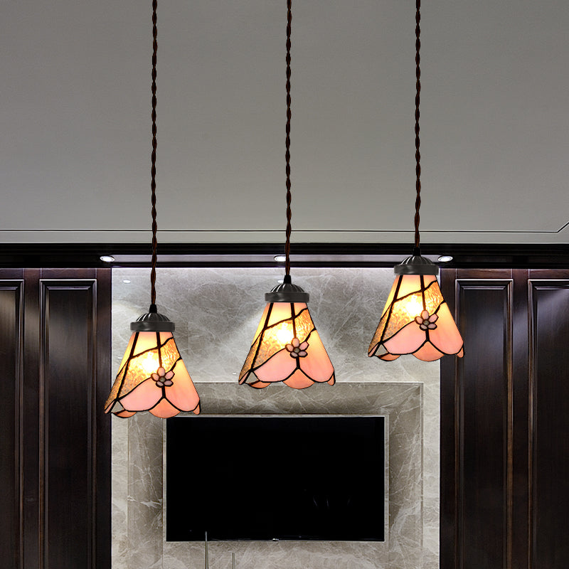Bowl/Morning Glory Multi-Light Pendant 3 Bulbs Pink Stained Glass Baroque Style Hanging Lamp Kit for Dining Room Clearhalo 'Ceiling Lights' 'Glass shade' 'Glass' 'Industrial' 'Middle Century Pendants' 'Pendant Lights' 'Pendants' 'Tiffany close to ceiling' 'Tiffany Pendants' 'Tiffany' Lighting' 894460