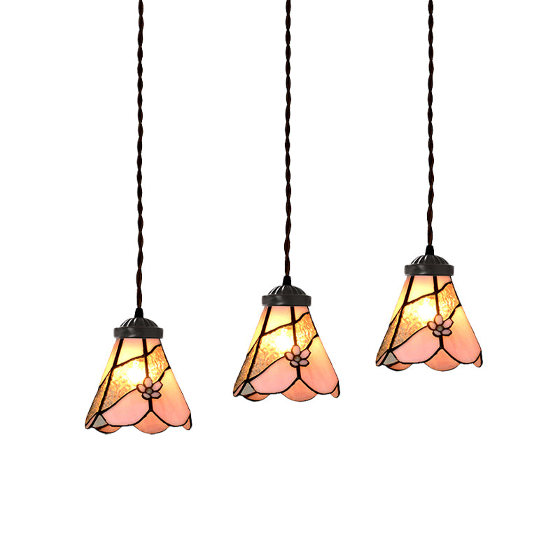 Bowl/Morning Glory Multi-Light Pendant 3 Bulbs Pink Stained Glass Baroque Style Hanging Lamp Kit for Dining Room Clearhalo 'Ceiling Lights' 'Glass shade' 'Glass' 'Industrial' 'Middle Century Pendants' 'Pendant Lights' 'Pendants' 'Tiffany close to ceiling' 'Tiffany Pendants' 'Tiffany' Lighting' 894462