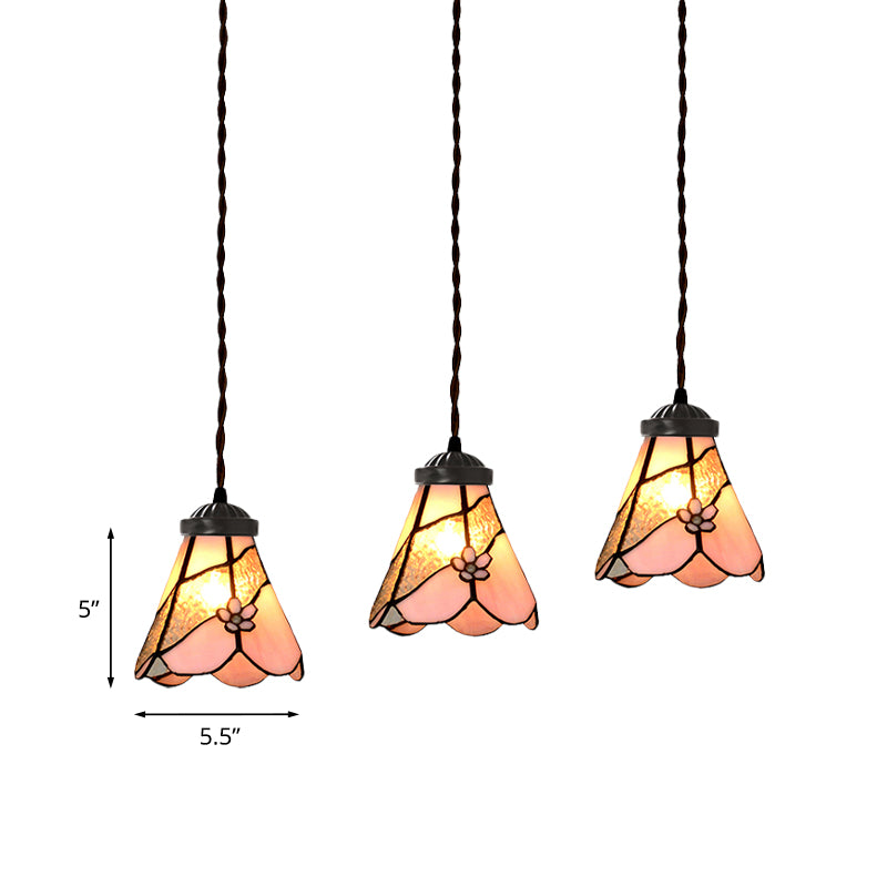 Bowl/Morning Glory Multi-Light Pendant 3 Bulbs Pink Stained Glass Baroque Style Hanging Lamp Kit for Dining Room Clearhalo 'Ceiling Lights' 'Glass shade' 'Glass' 'Industrial' 'Middle Century Pendants' 'Pendant Lights' 'Pendants' 'Tiffany close to ceiling' 'Tiffany Pendants' 'Tiffany' Lighting' 894463