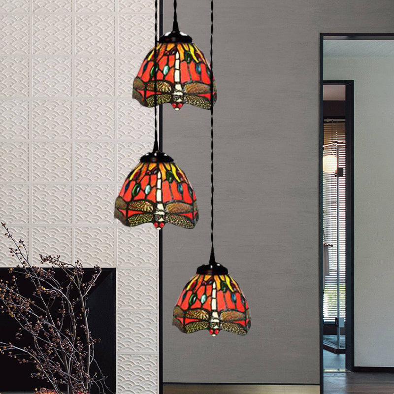3-Head Ceiling Lamp Tiffany Domed Stained Glass Cluster Pendant Light in White/Red/Yellow with Dragonfly/Grape/Rose Pattern Clearhalo 'Ceiling Lights' 'Chandeliers' 'Close To Ceiling Lights' 'Glass shade' 'Glass' 'Industrial' 'Middle Century Pendants' 'Pendant Lights' 'Pendants' 'Tiffany close to ceiling' 'Tiffany Pendants' 'Tiffany' Lighting' 894474