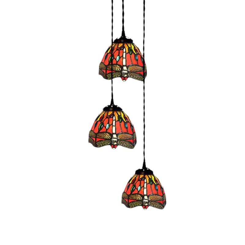 3-Head Ceiling Lamp Tiffany Domed Stained Glass Cluster Pendant Light in White/Red/Yellow with Dragonfly/Grape/Rose Pattern Clearhalo 'Ceiling Lights' 'Chandeliers' 'Close To Ceiling Lights' 'Glass shade' 'Glass' 'Industrial' 'Middle Century Pendants' 'Pendant Lights' 'Pendants' 'Tiffany close to ceiling' 'Tiffany Pendants' 'Tiffany' Lighting' 894475