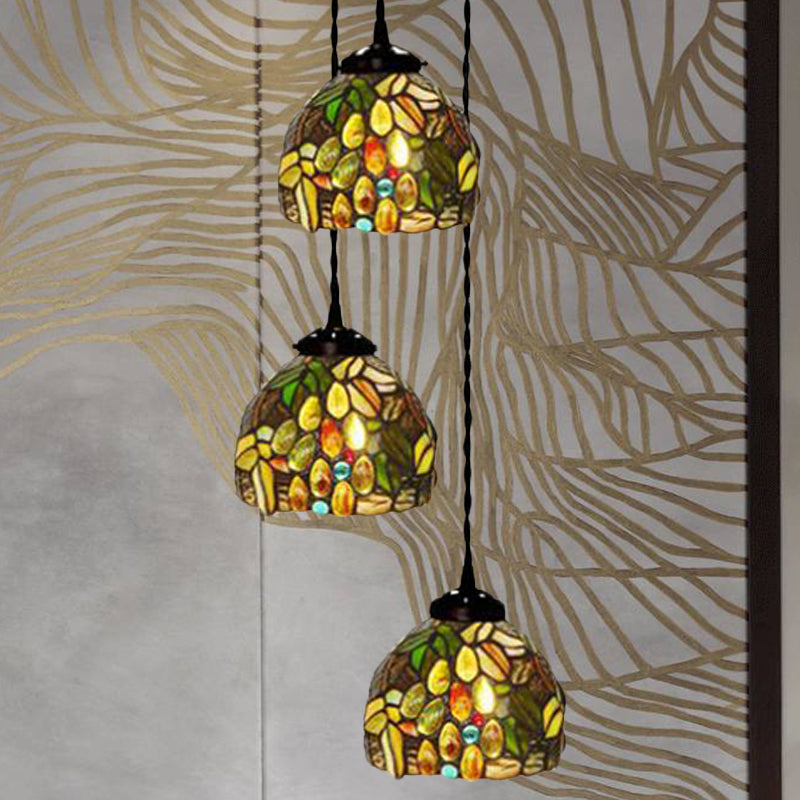 3-Head Ceiling Lamp Tiffany Domed Stained Glass Cluster Pendant Light in White/Red/Yellow with Dragonfly/Grape/Rose Pattern Yellow Clearhalo 'Ceiling Lights' 'Chandeliers' 'Close To Ceiling Lights' 'Glass shade' 'Glass' 'Industrial' 'Middle Century Pendants' 'Pendant Lights' 'Pendants' 'Tiffany close to ceiling' 'Tiffany Pendants' 'Tiffany' Lighting' 894477