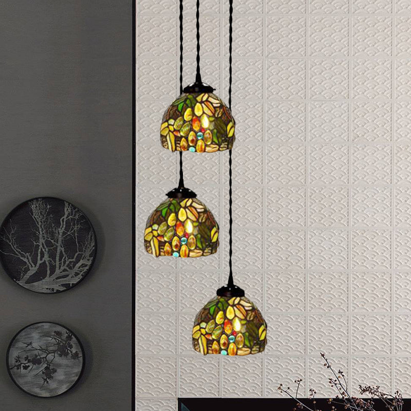 3-Head Ceiling Lamp Tiffany Domed Stained Glass Cluster Pendant Light in White/Red/Yellow with Dragonfly/Grape/Rose Pattern Clearhalo 'Ceiling Lights' 'Chandeliers' 'Close To Ceiling Lights' 'Glass shade' 'Glass' 'Industrial' 'Middle Century Pendants' 'Pendant Lights' 'Pendants' 'Tiffany close to ceiling' 'Tiffany Pendants' 'Tiffany' Lighting' 894479