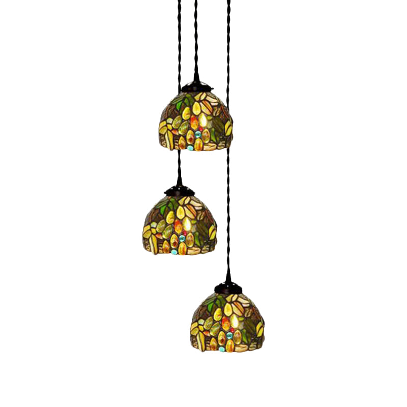 3-Head Ceiling Lamp Tiffany Domed Stained Glass Cluster Pendant Light in White/Red/Yellow with Dragonfly/Grape/Rose Pattern Clearhalo 'Ceiling Lights' 'Chandeliers' 'Close To Ceiling Lights' 'Glass shade' 'Glass' 'Industrial' 'Middle Century Pendants' 'Pendant Lights' 'Pendants' 'Tiffany close to ceiling' 'Tiffany Pendants' 'Tiffany' Lighting' 894480