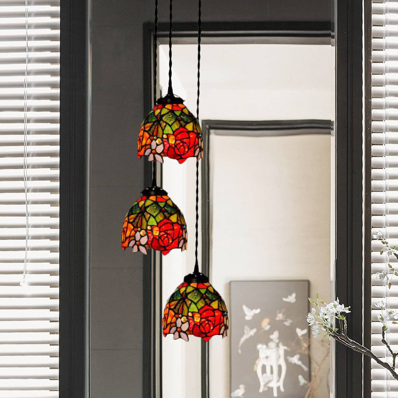 3-Head Ceiling Lamp Tiffany Domed Stained Glass Cluster Pendant Light in White/Red/Yellow with Dragonfly/Grape/Rose Pattern Red Clearhalo 'Ceiling Lights' 'Chandeliers' 'Close To Ceiling Lights' 'Glass shade' 'Glass' 'Industrial' 'Middle Century Pendants' 'Pendant Lights' 'Pendants' 'Tiffany close to ceiling' 'Tiffany Pendants' 'Tiffany' Lighting' 894482