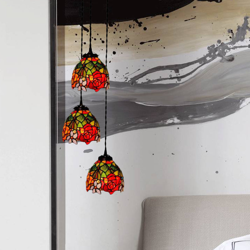 3-Head Ceiling Lamp Tiffany Domed Stained Glass Cluster Pendant Light in White/Red/Yellow with Dragonfly/Grape/Rose Pattern Clearhalo 'Ceiling Lights' 'Chandeliers' 'Close To Ceiling Lights' 'Glass shade' 'Glass' 'Industrial' 'Middle Century Pendants' 'Pendant Lights' 'Pendants' 'Tiffany close to ceiling' 'Tiffany Pendants' 'Tiffany' Lighting' 894483