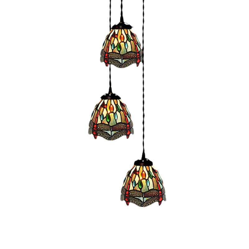 3-Head Ceiling Lamp Tiffany Domed Stained Glass Cluster Pendant Light in White/Red/Yellow with Dragonfly/Grape/Rose Pattern Clearhalo 'Ceiling Lights' 'Chandeliers' 'Close To Ceiling Lights' 'Glass shade' 'Glass' 'Industrial' 'Middle Century Pendants' 'Pendant Lights' 'Pendants' 'Tiffany close to ceiling' 'Tiffany Pendants' 'Tiffany' Lighting' 894490