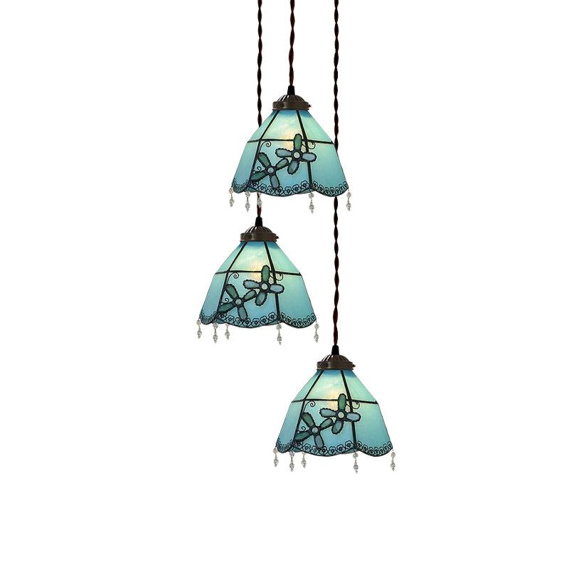Pink/Light Blue and White Bell/Bowl Drop Lamp Victorian 3 Heads Hand Cut Glass Floral/Fruit Patterned Multi Pendant Light Clearhalo 'Ceiling Lights' 'Glass shade' 'Glass' 'Industrial' 'Middle Century Pendants' 'Pendant Lights' 'Pendants' 'Tiffany close to ceiling' 'Tiffany Pendants' 'Tiffany' Lighting' 894494