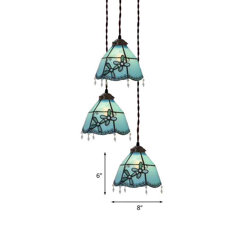 Pink/Light Blue and White Bell/Bowl Drop Lamp Victorian 3 Heads Hand Cut Glass Floral/Fruit Patterned Multi Pendant Light Clearhalo 'Ceiling Lights' 'Glass shade' 'Glass' 'Industrial' 'Middle Century Pendants' 'Pendant Lights' 'Pendants' 'Tiffany close to ceiling' 'Tiffany Pendants' 'Tiffany' Lighting' 894495
