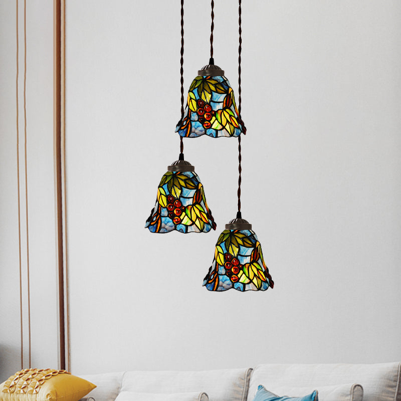 Pink/Light Blue and White Bell/Bowl Drop Lamp Victorian 3 Heads Hand Cut Glass Floral/Fruit Patterned Multi Pendant Light Clearhalo 'Ceiling Lights' 'Glass shade' 'Glass' 'Industrial' 'Middle Century Pendants' 'Pendant Lights' 'Pendants' 'Tiffany close to ceiling' 'Tiffany Pendants' 'Tiffany' Lighting' 894497