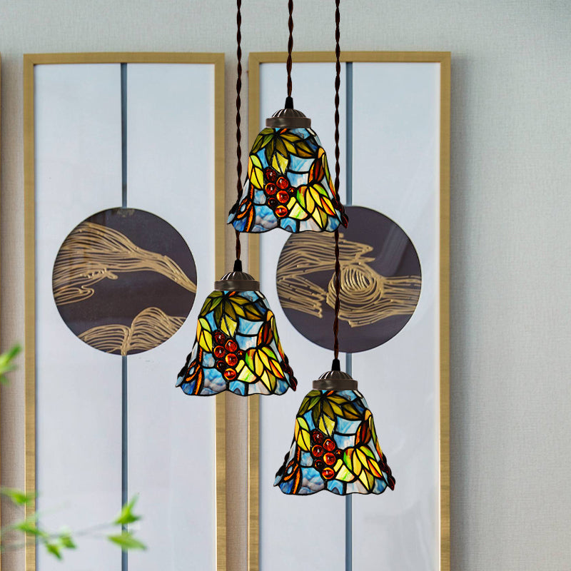Pink/Light Blue and White Bell/Bowl Drop Lamp Victorian 3 Heads Hand Cut Glass Floral/Fruit Patterned Multi Pendant Light Clearhalo 'Ceiling Lights' 'Glass shade' 'Glass' 'Industrial' 'Middle Century Pendants' 'Pendant Lights' 'Pendants' 'Tiffany close to ceiling' 'Tiffany Pendants' 'Tiffany' Lighting' 894498
