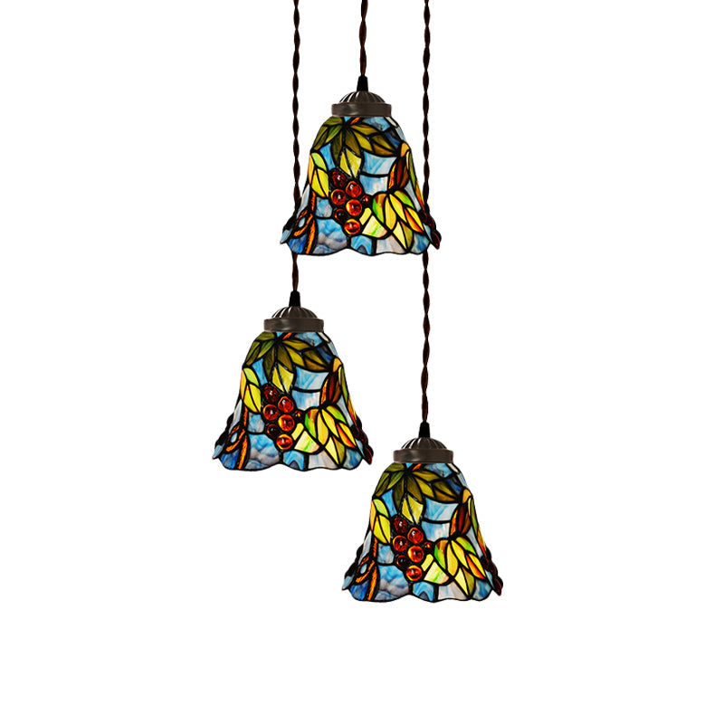 Pink/Light Blue and White Bell/Bowl Drop Lamp Victorian 3 Heads Hand Cut Glass Floral/Fruit Patterned Multi Pendant Light Clearhalo 'Ceiling Lights' 'Glass shade' 'Glass' 'Industrial' 'Middle Century Pendants' 'Pendant Lights' 'Pendants' 'Tiffany close to ceiling' 'Tiffany Pendants' 'Tiffany' Lighting' 894499