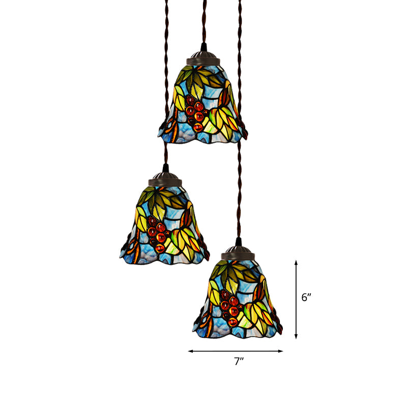 Pink/Light Blue and White Bell/Bowl Drop Lamp Victorian 3 Heads Hand Cut Glass Floral/Fruit Patterned Multi Pendant Light Clearhalo 'Ceiling Lights' 'Glass shade' 'Glass' 'Industrial' 'Middle Century Pendants' 'Pendant Lights' 'Pendants' 'Tiffany close to ceiling' 'Tiffany Pendants' 'Tiffany' Lighting' 894500
