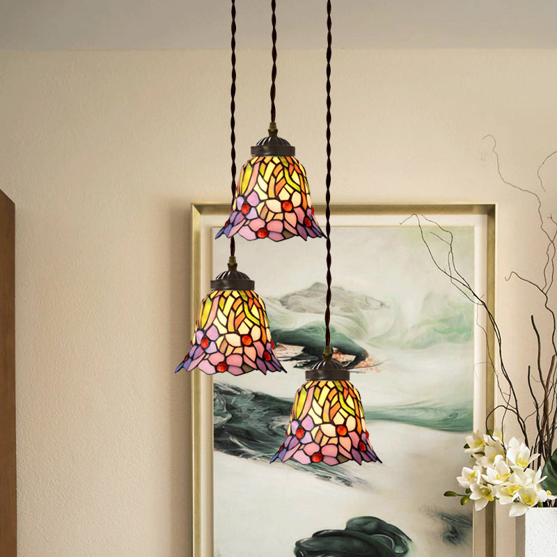 Pink/Light Blue and White Bell/Bowl Drop Lamp Victorian 3 Heads Hand Cut Glass Floral/Fruit Patterned Multi Pendant Light Clearhalo 'Ceiling Lights' 'Glass shade' 'Glass' 'Industrial' 'Middle Century Pendants' 'Pendant Lights' 'Pendants' 'Tiffany close to ceiling' 'Tiffany Pendants' 'Tiffany' Lighting' 894502