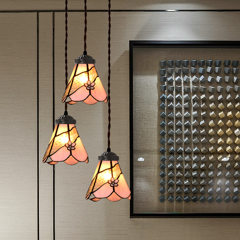 Victorian Bowl/Morning Glory Hanging Light Kit 3 Lights Pink Stained Glass Cluster Pendant for Dining Room Clearhalo 'Ceiling Lights' 'Chandeliers' 'Close To Ceiling Lights' 'Glass shade' 'Glass' 'Industrial' 'Middle Century Pendants' 'Pendant Lights' 'Pendants' 'Tiffany close to ceiling' 'Tiffany Pendants' 'Tiffany' Lighting' 894506