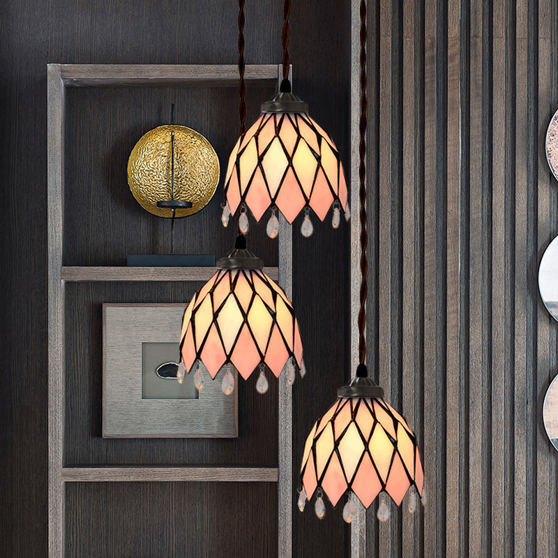 Victorian Bowl/Morning Glory Hanging Light Kit 3 Lights Pink Stained Glass Cluster Pendant for Dining Room Pink Bowl Clearhalo 'Ceiling Lights' 'Chandeliers' 'Close To Ceiling Lights' 'Glass shade' 'Glass' 'Industrial' 'Middle Century Pendants' 'Pendant Lights' 'Pendants' 'Tiffany close to ceiling' 'Tiffany Pendants' 'Tiffany' Lighting' 894510