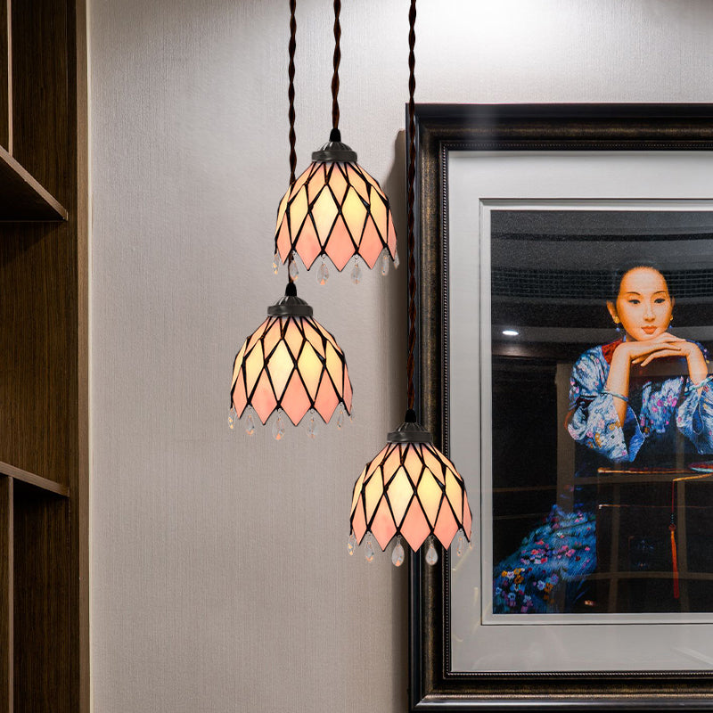 Victorian Bowl/Morning Glory Hanging Light Kit 3 Lights Pink Stained Glass Cluster Pendant for Dining Room Clearhalo 'Ceiling Lights' 'Chandeliers' 'Close To Ceiling Lights' 'Glass shade' 'Glass' 'Industrial' 'Middle Century Pendants' 'Pendant Lights' 'Pendants' 'Tiffany close to ceiling' 'Tiffany Pendants' 'Tiffany' Lighting' 894511