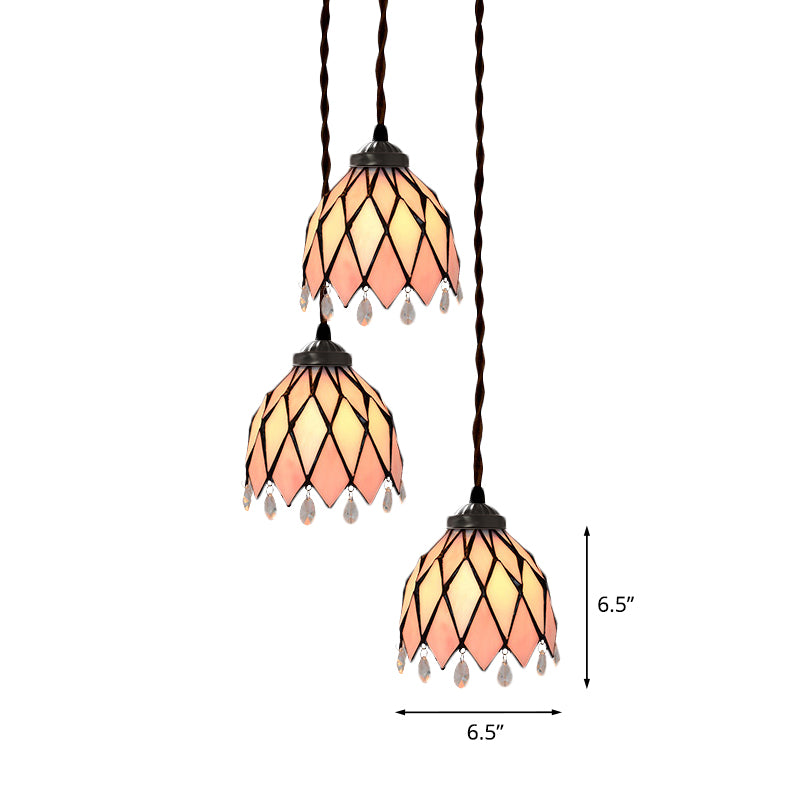 Victorian Bowl/Morning Glory Hanging Light Kit 3 Lights Pink Stained Glass Cluster Pendant for Dining Room Clearhalo 'Ceiling Lights' 'Chandeliers' 'Close To Ceiling Lights' 'Glass shade' 'Glass' 'Industrial' 'Middle Century Pendants' 'Pendant Lights' 'Pendants' 'Tiffany close to ceiling' 'Tiffany Pendants' 'Tiffany' Lighting' 894514