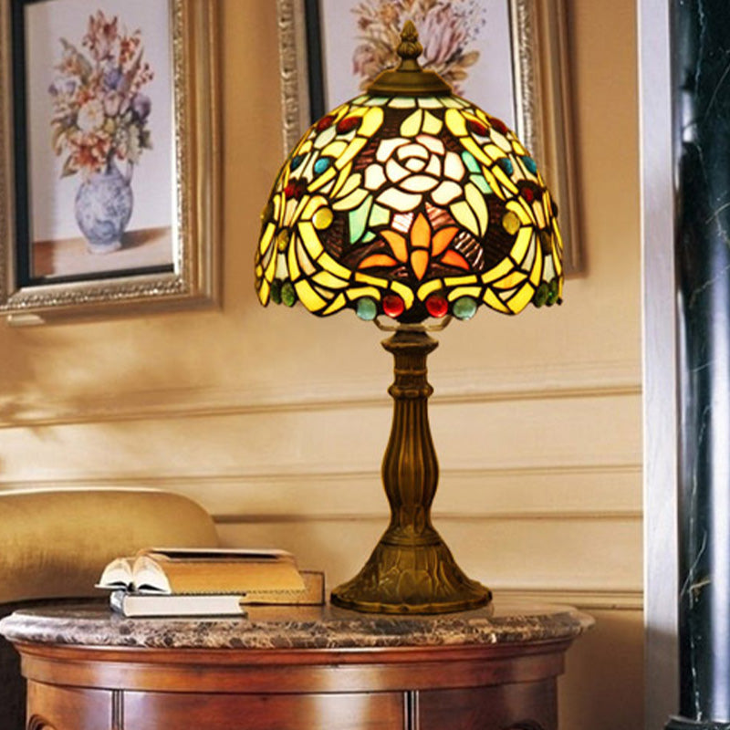 Bronze 1 Bulb Table Light Victorian Hand Cut Glass Domed Shaped Nightstand Lighting with Blossom Pattern Bronze Clearhalo 'Lamps' 'Table Lamps' Lighting' 894523