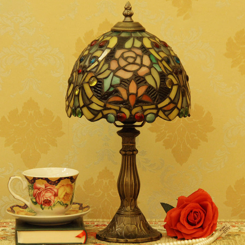 Bronze 1 Bulb Table Light Victorian Hand Cut Glass Domed Shaped Nightstand Lighting with Blossom Pattern Clearhalo 'Lamps' 'Table Lamps' Lighting' 894524