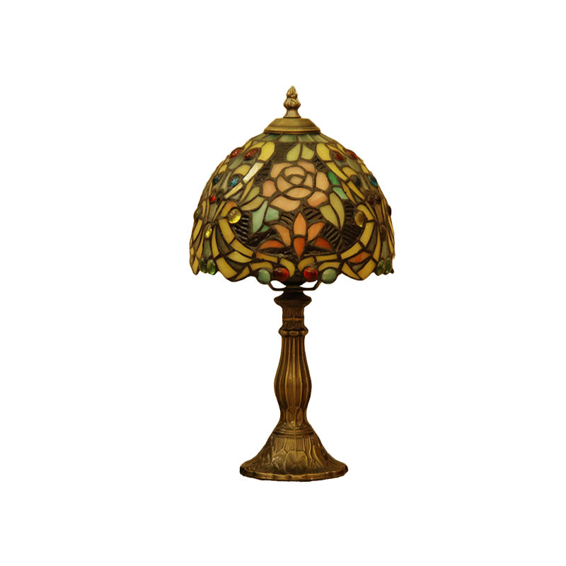 Bronze 1 Bulb Table Light Victorian Hand Cut Glass Domed Shaped Nightstand Lighting with Blossom Pattern Clearhalo 'Lamps' 'Table Lamps' Lighting' 894525
