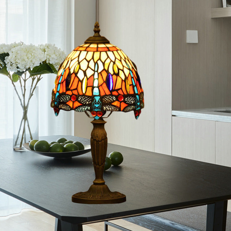 1-Light Bowl Night Lamp Mediterranean Orange/Blue/Green Cut Glass Dragonfly Patterned Desk Lighting for Coffee Shop Clearhalo 'Lamps' 'Table Lamps' Lighting' 894532