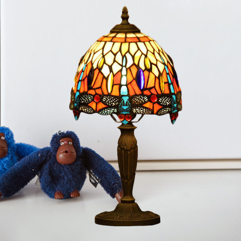 1-Light Bowl Night Lamp Mediterranean Orange/Blue/Green Cut Glass Dragonfly Patterned Desk Lighting for Coffee Shop Clearhalo 'Lamps' 'Table Lamps' Lighting' 894533