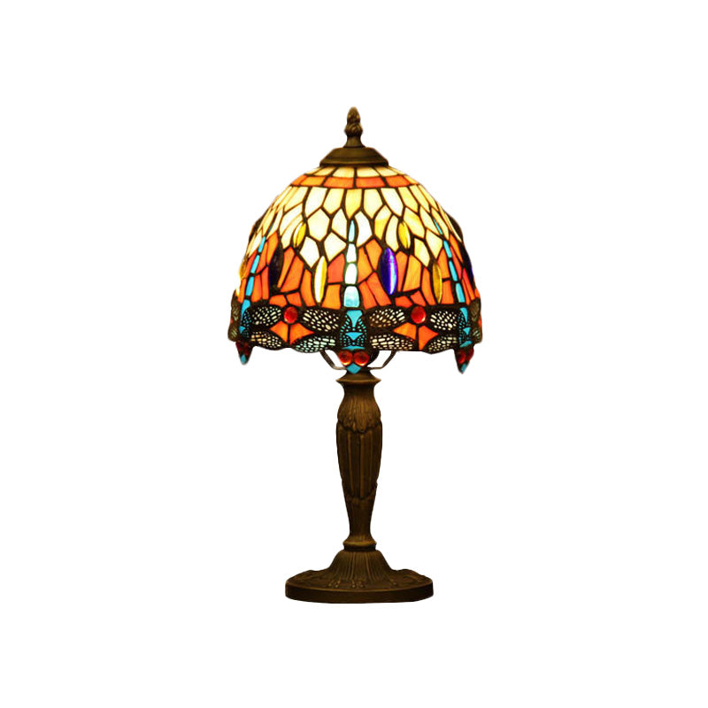 1-Light Bowl Night Lamp Mediterranean Orange/Blue/Green Cut Glass Dragonfly Patterned Desk Lighting for Coffee Shop Clearhalo 'Lamps' 'Table Lamps' Lighting' 894534