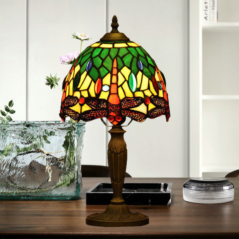 1-Light Bowl Night Lamp Mediterranean Orange/Blue/Green Cut Glass Dragonfly Patterned Desk Lighting for Coffee Shop Clearhalo 'Lamps' 'Table Lamps' Lighting' 894536