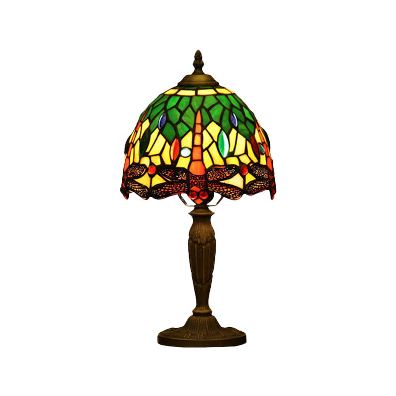 1-Light Bowl Night Lamp Mediterranean Orange/Blue/Green Cut Glass Dragonfly Patterned Desk Lighting for Coffee Shop Clearhalo 'Lamps' 'Table Lamps' Lighting' 894538