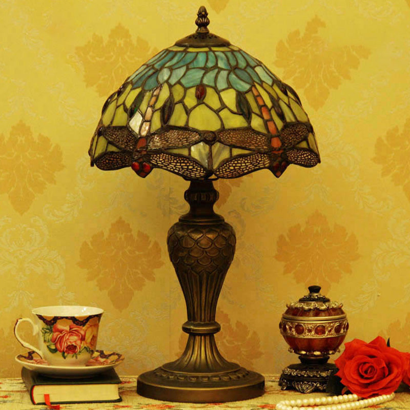 Stained Glass Domed Night Light Victorian 1 Light Yellow and Blue Dragonfly Patterned Desk Lamp with Urn-Shaped Base Yellow-Blue Clearhalo 'Lamps' 'Table Lamps' Lighting' 894543