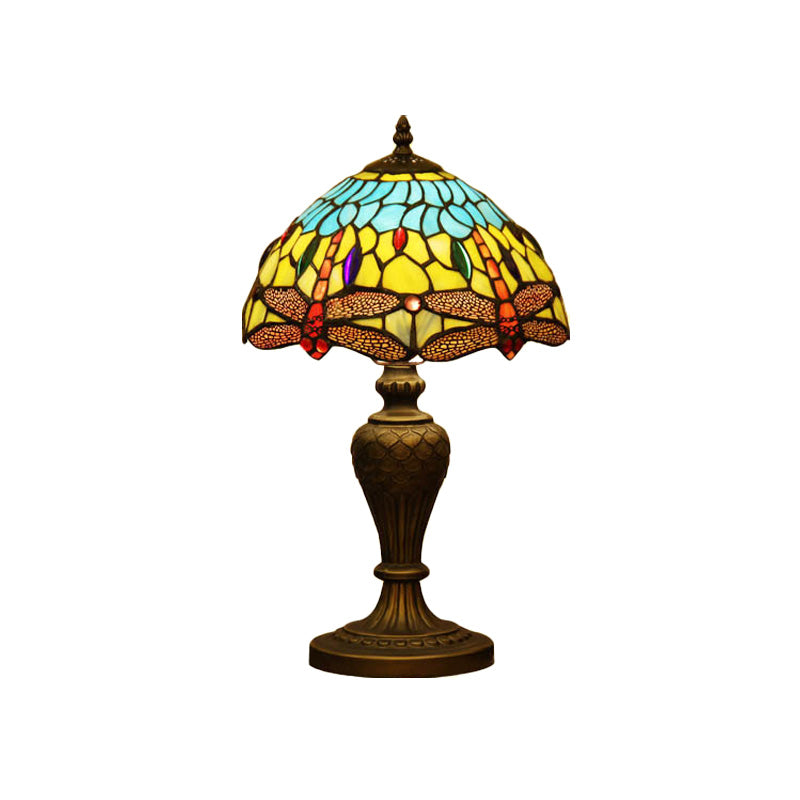 Stained Glass Domed Night Light Victorian 1 Light Yellow and Blue Dragonfly Patterned Desk Lamp with Urn-Shaped Base Clearhalo 'Lamps' 'Table Lamps' Lighting' 894545