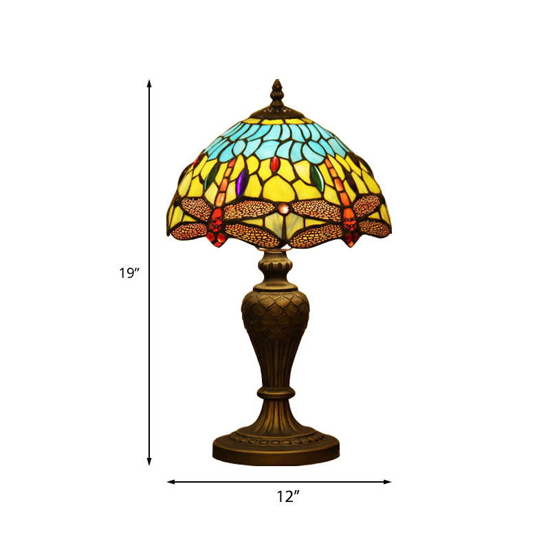 Stained Glass Domed Night Light Victorian 1 Light Yellow and Blue Dragonfly Patterned Desk Lamp with Urn-Shaped Base Clearhalo 'Lamps' 'Table Lamps' Lighting' 894546