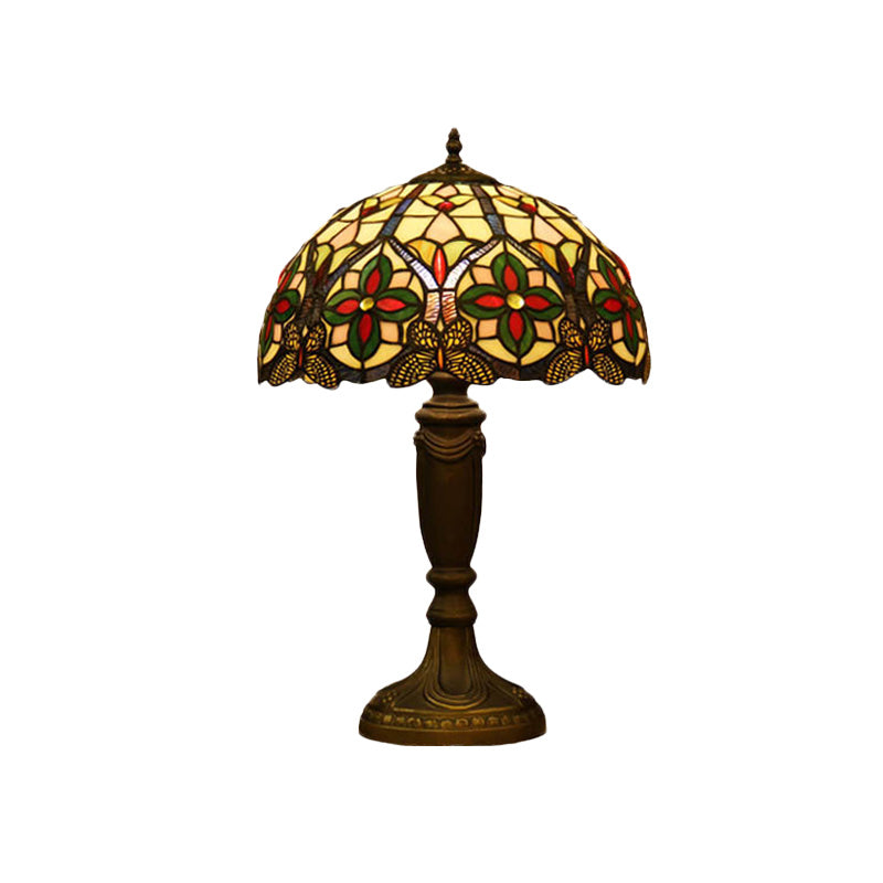 Domed Cut Glass Night Table Light Victorian 1 Light Beige/Orange Floral Patterned Desk Lighting with Blaster Clearhalo 'Lamps' 'Table Lamps' Lighting' 894549