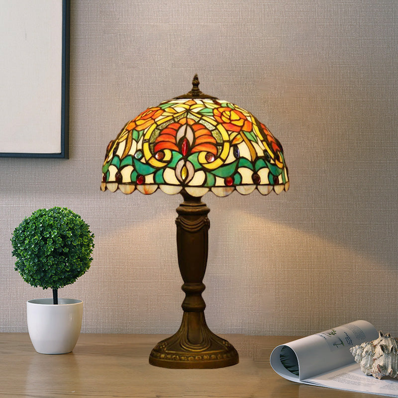 Domed Cut Glass Night Table Light Victorian 1 Light Beige/Orange Floral Patterned Desk Lighting with Blaster Orange Clearhalo 'Lamps' 'Table Lamps' Lighting' 894551