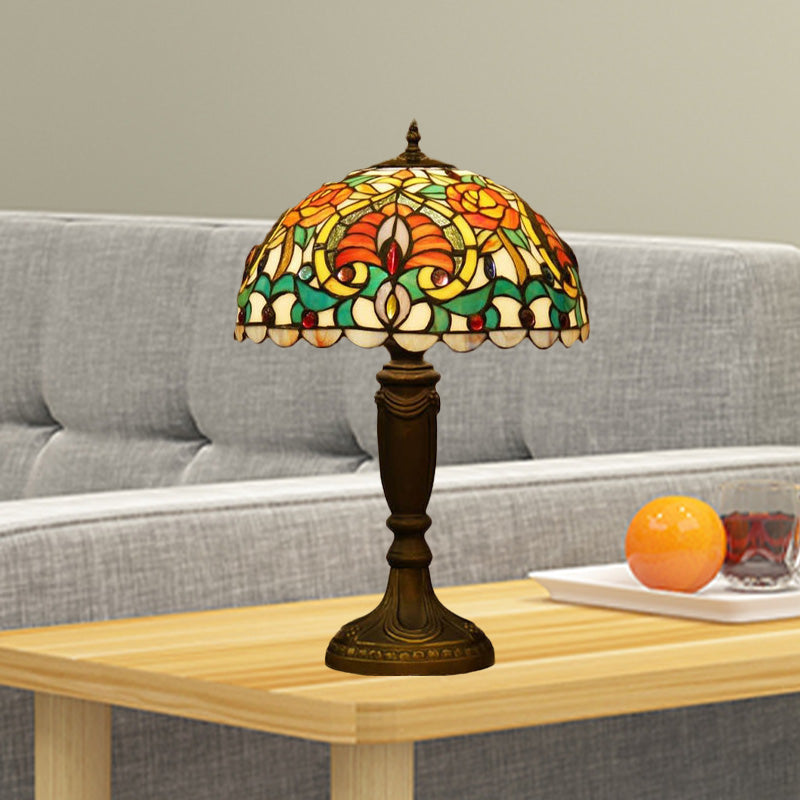 Domed Cut Glass Night Table Light Victorian 1 Light Beige/Orange Floral Patterned Desk Lighting with Blaster Clearhalo 'Lamps' 'Table Lamps' Lighting' 894552