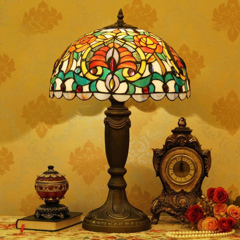 Domed Cut Glass Night Table Light Victorian 1 Light Beige/Orange Floral Patterned Desk Lighting with Blaster Clearhalo 'Lamps' 'Table Lamps' Lighting' 894553