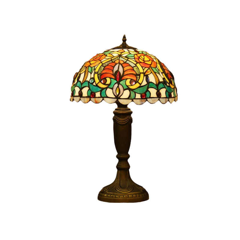 Domed Cut Glass Night Table Light Victorian 1 Light Beige/Orange Floral Patterned Desk Lighting with Blaster Clearhalo 'Lamps' 'Table Lamps' Lighting' 894554