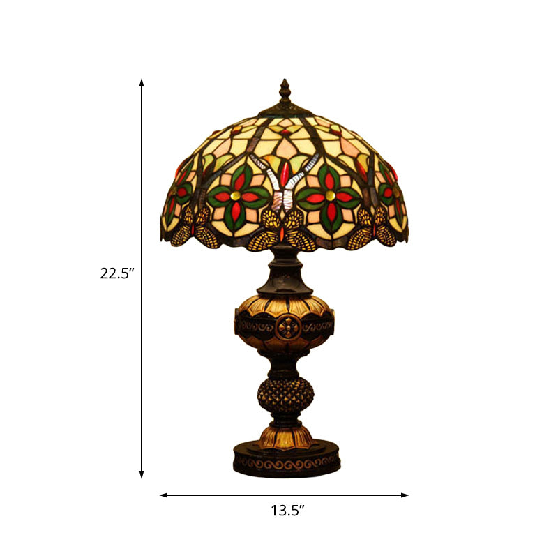 Flower Night Table Lighting 1 Head Stained Art Glass Victorian Bowl Desk Lamp in Beige/Orange with Oval Base Clearhalo 'Lamps' 'Table Lamps' Lighting' 894568