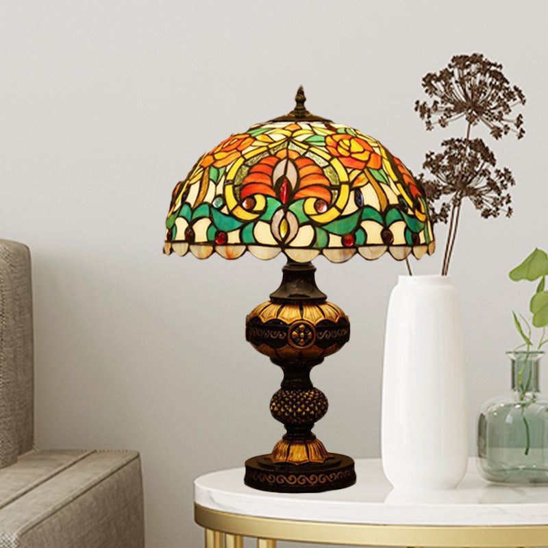 Flower Night Table Lighting 1 Head Stained Art Glass Victorian Bowl Desk Lamp in Beige/Orange with Oval Base Clearhalo 'Lamps' 'Table Lamps' Lighting' 894571