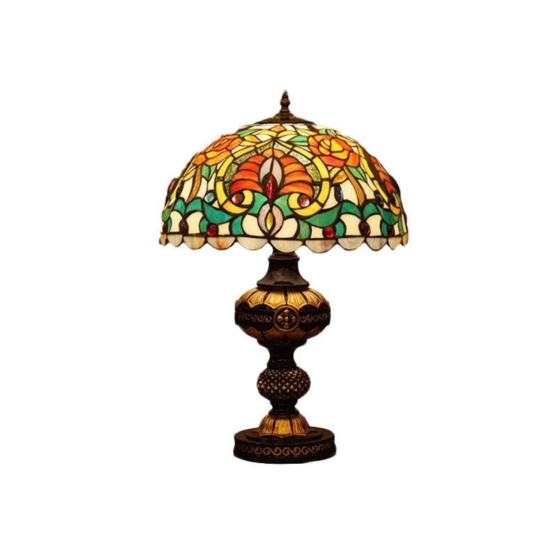 Flower Night Table Lighting 1 Head Stained Art Glass Victorian Bowl Desk Lamp in Beige/Orange with Oval Base Clearhalo 'Lamps' 'Table Lamps' Lighting' 894572