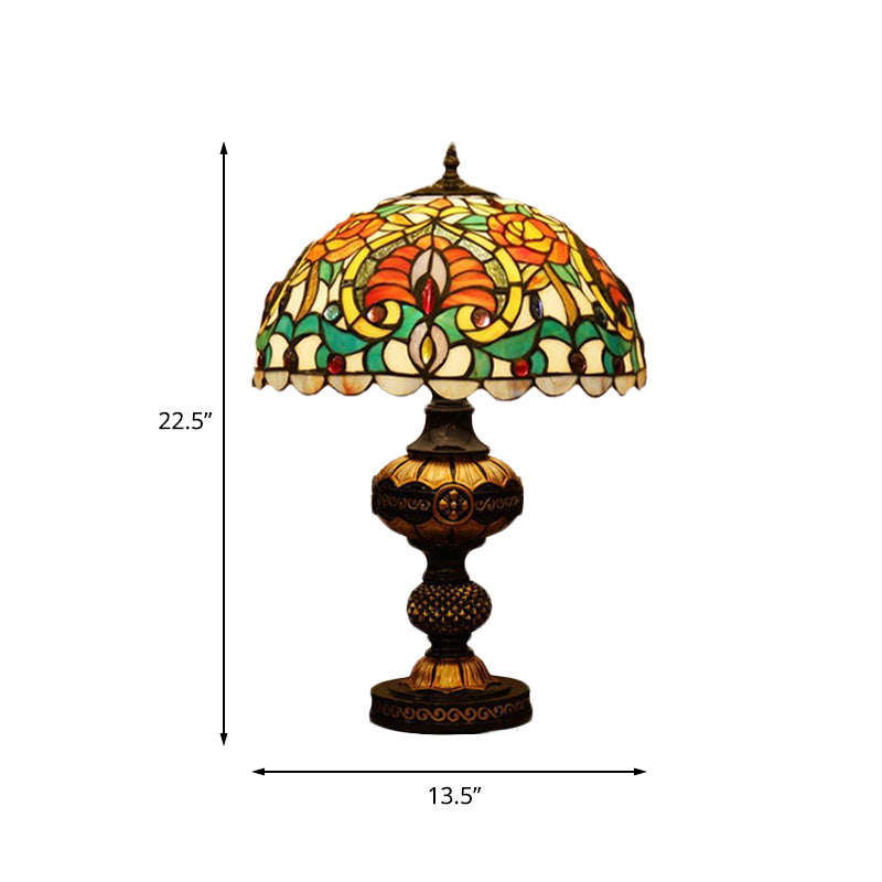 Flower Night Table Lighting 1 Head Stained Art Glass Victorian Bowl Desk Lamp in Beige/Orange with Oval Base Clearhalo 'Lamps' 'Table Lamps' Lighting' 894573