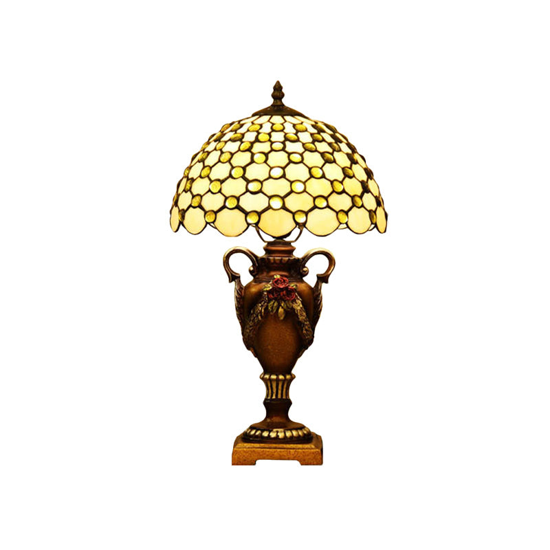 Beige Glass Bronze Desk Light Beaded 1-Head Mediterranean Table Lighting with Vase Base for Bedroom Clearhalo 'Lamps' 'Table Lamps' Lighting' 894576