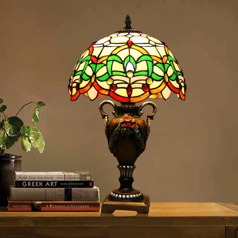 Yellow/Green Domed Desk Lighting Mediterranean 1 Light Hand Cut Glass Blossom Patterned Night Lamp with Trophy Base Green Clearhalo 'Lamps' 'Table Lamps' Lighting' 894582